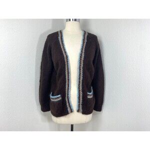 Vintage Hand Knit Brown Wool Open Front Cardigan Mohair Blue Trim Pockets S/M